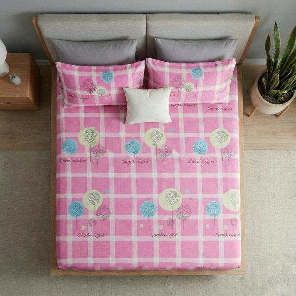 Modern Pink Plaid Whimsical Tree Design & "Good Night" Bedding Set