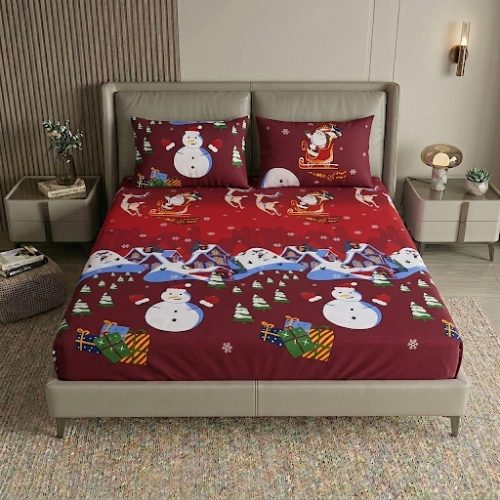Festive Red Snowman & Santa Holiday Bedsheet Set Festive Red Snowman & Santa Holiday Bedsheet Set