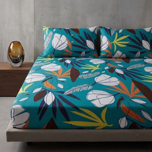 Modern White Floral & Tropical Leaf "Teal Oasis" Bedsheet Set Modern White Floral & Tropical Leaf "Teal Oasis" Bedsheet Set