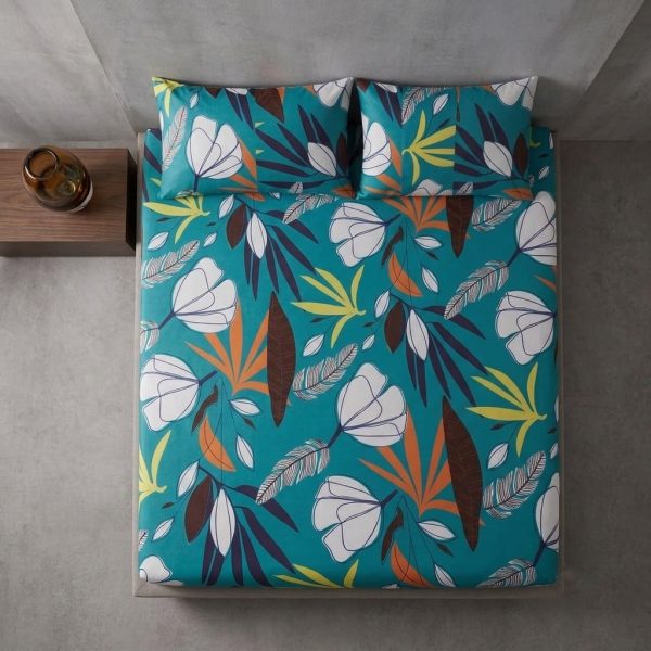 Modern White Floral & Tropical Leaf "Teal Oasis" Bedsheet Set Modern White Floral & Tropical Leaf "Teal Oasis" Bedsheet Set